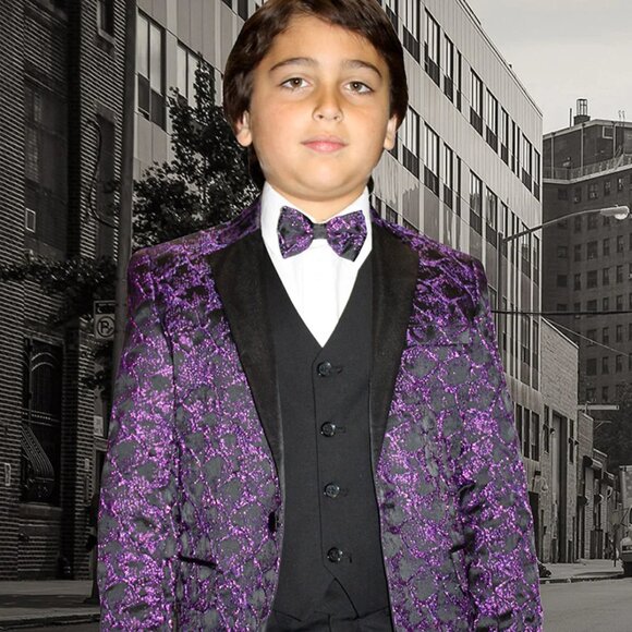 Boys Vested One Button Floral Pattern Tuxedo in Purple - Picture 1 of 2